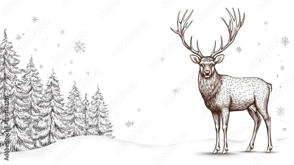 Captivating ink of a majestic stag standing proudly in a dense snow covered forest with intricate details of its antlers and the serene atmospheric landscape