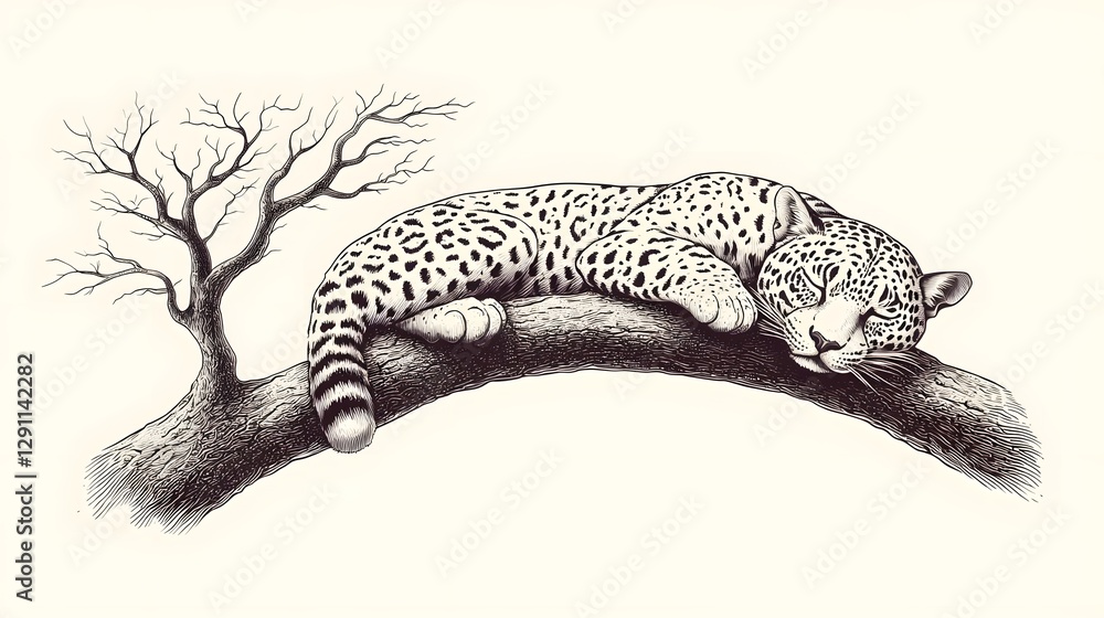 Captivating monochrome depicting a powerful jaguar resting peacefully on a tree branch showcasing the animal s intricate fur patterns and elegant form in a traditional engraving inspired style