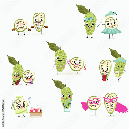 Noni fruit cute funny cheerful characters with different poses and emotions. Natural vitamin antioxidant .Vector hand drawn illistration.