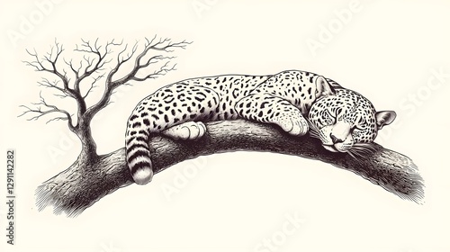 Captivating monochrome depicting a powerful jaguar resting peacefully on a tree branch showcasing the animal s intricate fur patterns and elegant form in a traditional engraving inspired style
