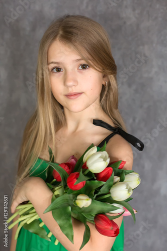 portrait of a beautiful blonde girl with big brown eyes holding tulips in her hands
