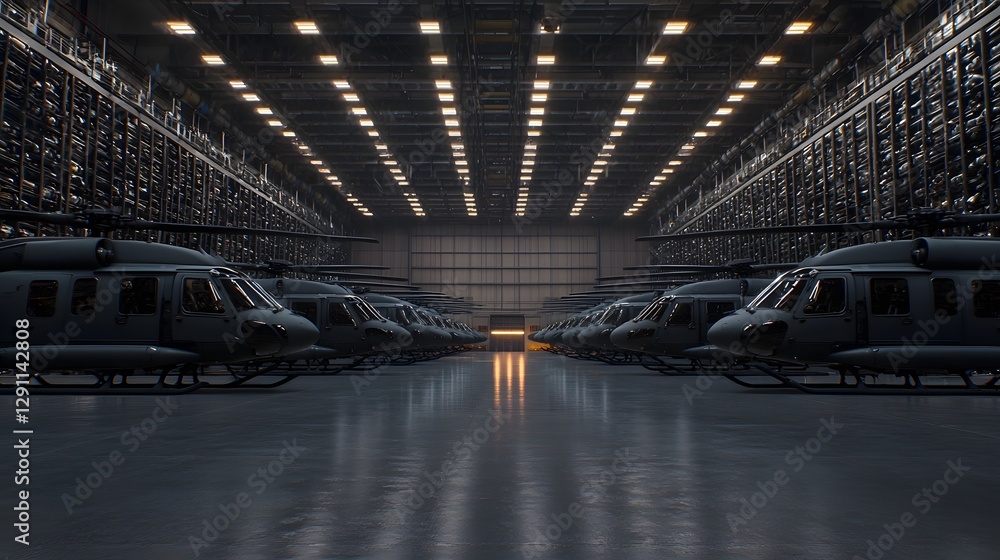 Cinematic composition of military helicopters stationed inside a massive industrial hangar with soft overhead lighting casting dramatic shadows on the concrete floor
