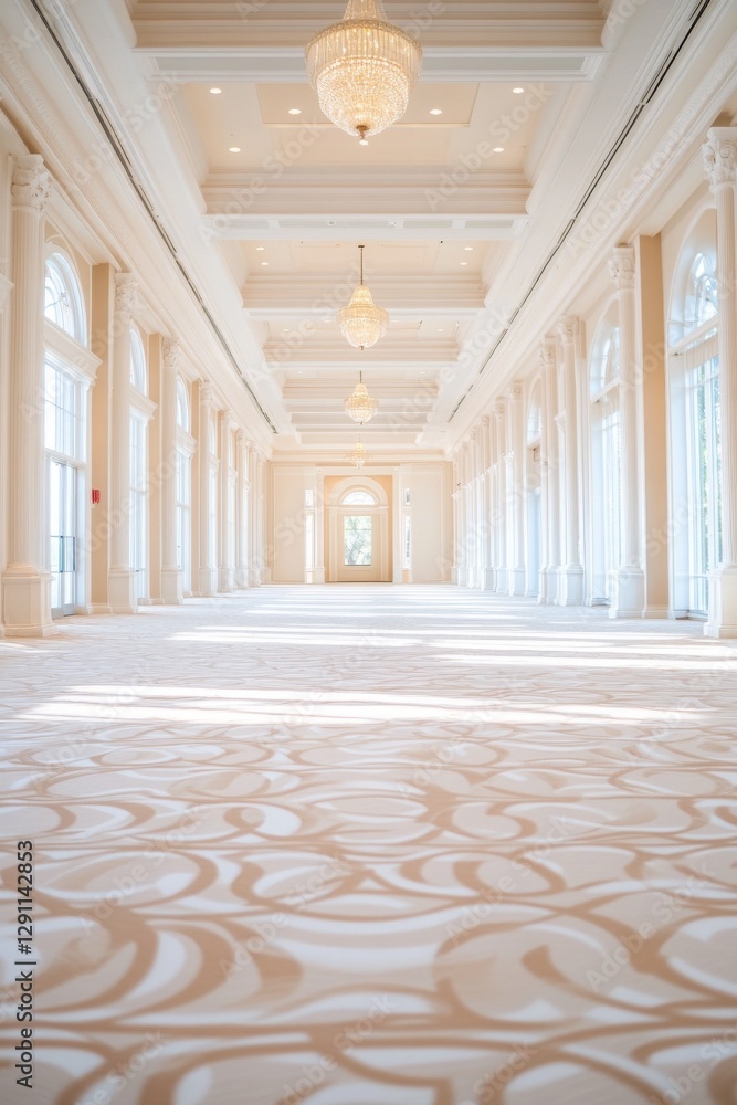 Obraz premium Elegant, bright hallway with patterned carpet and chandeliers. A grand and spacious interior.