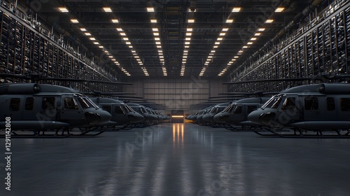 Obraz na płótnie Cinematic composition of military helicopters stationed inside a massive industrial hangar with soft overhead lighting casting dramatic shadows on the concrete floor w salonie