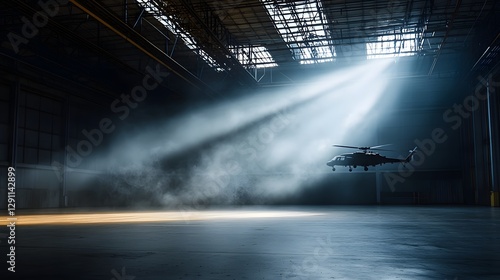 Obraz na płótnie Cinematic composition showcasing military helicopters stationed inside a massive industrial hangar with soft overhead lighting casting dramatic shadows on the concrete floor w salonie