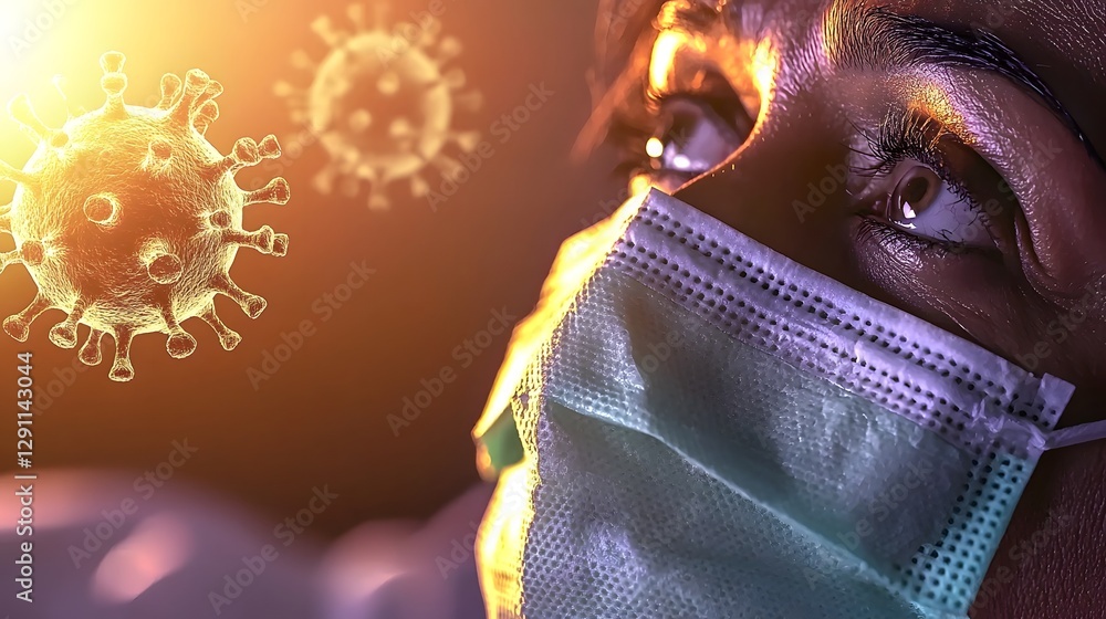 Cinematic shot of a masked woman lying in bed her tired eyes reflecting the golden sunset light with influenza virus particles floating dreamily in the air around her