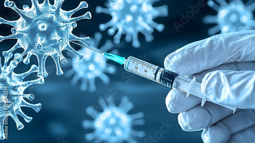 Obraz na płótnie Close up Medium Shot of a Doctor s Hand Pushing the Plunger of a Syringe Injecting the Influenza Vaccine with Virus Particles Subtly Visible in the Background w salonie