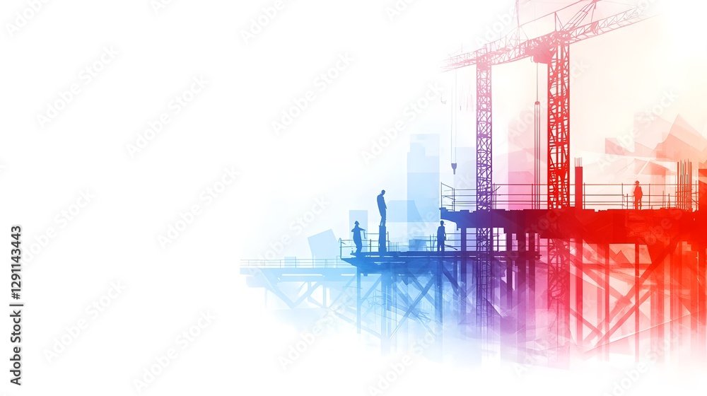 Close up of engineers and construction professionals collaborating on a dynamic construction site plan with a bright colorful double exposure silhouette and architectural blueprint in the background