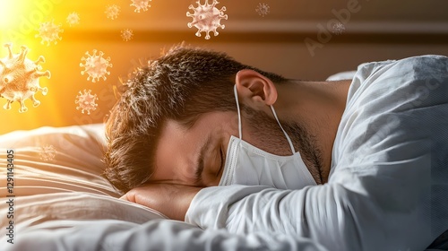 Close up of a man resting in a hospital bed his face partially obscured by a medical mask