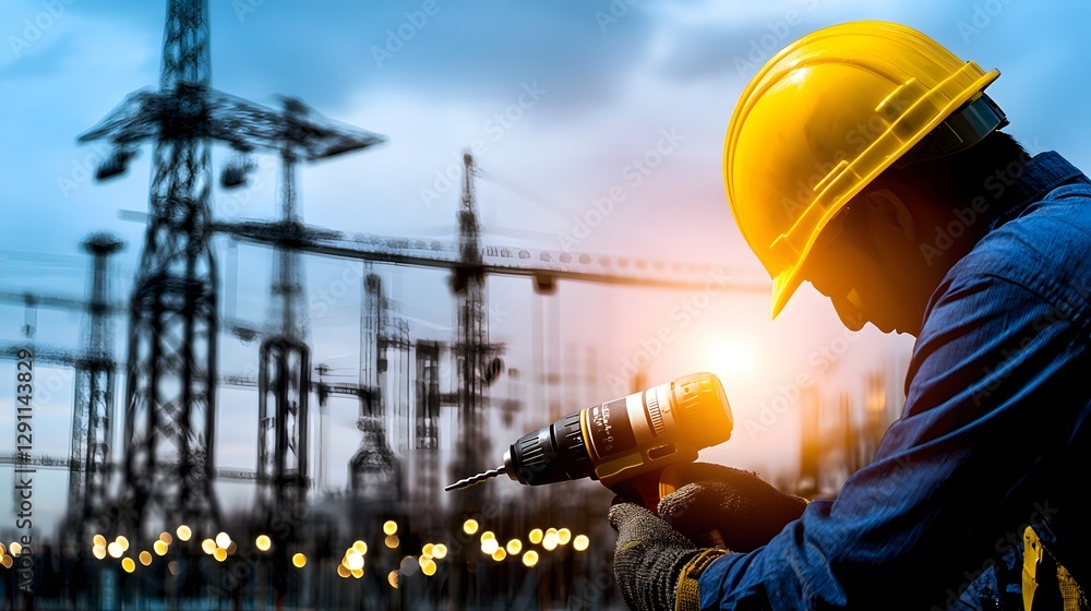 Close up view of a construction worker using a powerful electric drill with a bold bright double exposure effect