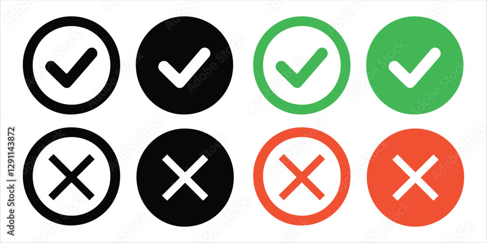 True and false button vector on white background. circle right and wrong icon set True and false button vector on white background. circle right and wrong icon set