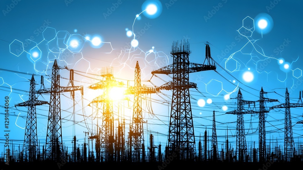 Close up view of an industrial construction site with a focus on the electrical systems and infrastructure The image features an electric blue toned grid of wiring and silhouettes
