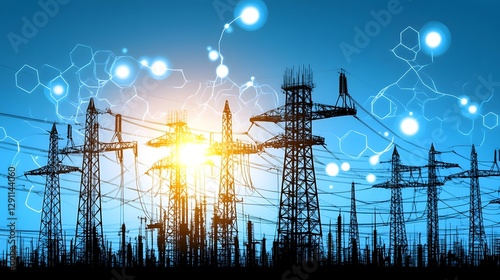 Obraz na płótnie Close up view of an industrial construction site with a focus on the electrical systems and infrastructure The image features an electric blue toned grid of wiring and silhouettes w salonie