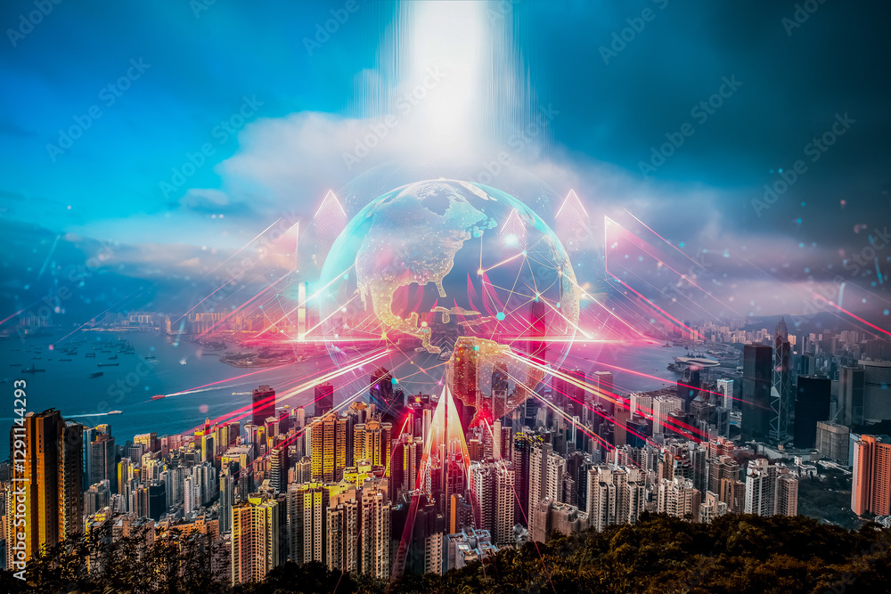 Fototapeta premium A vibrant Hong Kong cityscape is overlaid with a digital globe, representing business growth and global concept. It symbolizes growing up in a connected world.
