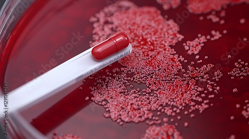 Obraz na płótnie Close up View of Antibiotic Capsules Dissolving in a Petri Dish Filled with Cocci Bacteria Soft Natural Lighting Illuminating the Biological Reaction Medical Science and Healthcare Concept w salonie
