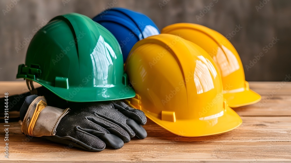 Close up view of various safety gear for engineers including hard hats gloves and other protective equipment with a double exposure silhouette effect and sharp vibrant colors for emphasis
