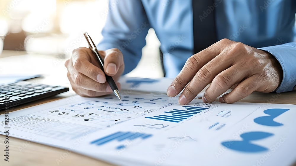 Closeup view of focused calculations graphs and analytical data on paper documents for business strategy financial planning and data driven decision making