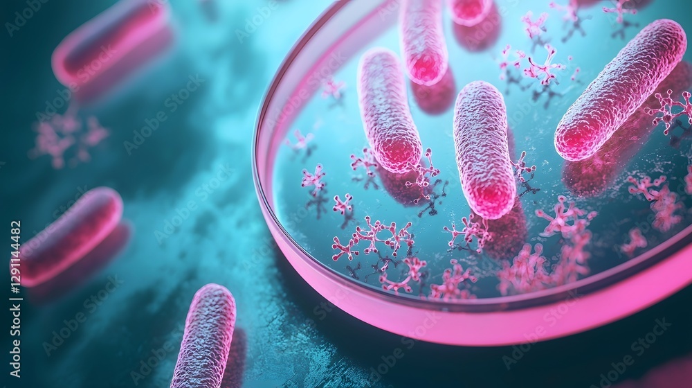 Closeup macro shot of glowing cocci bacteria colonies thriving in a petri dish under the bright UV fluorescence of a microscope creating a vibrant and visually striking scientific abstract background