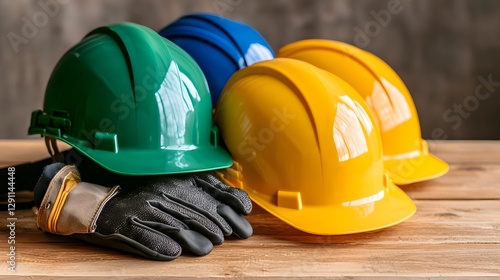 Obraz na płótnie Close up view of various safety gear for engineers including hard hats gloves and other protective equipment with a double exposure silhouette effect and sharp vibrant colors for emphasis w salonie