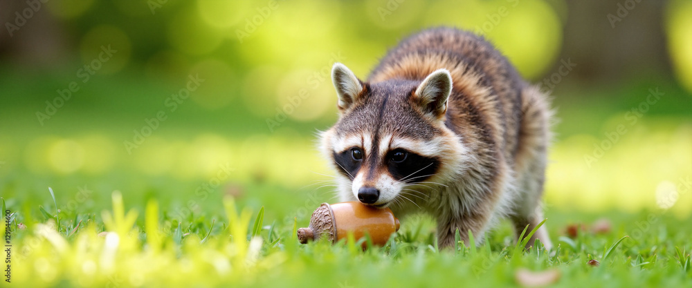 Fototapeta premium Curious raccoon exploring an acorn in sunny park setting, nature's wonder