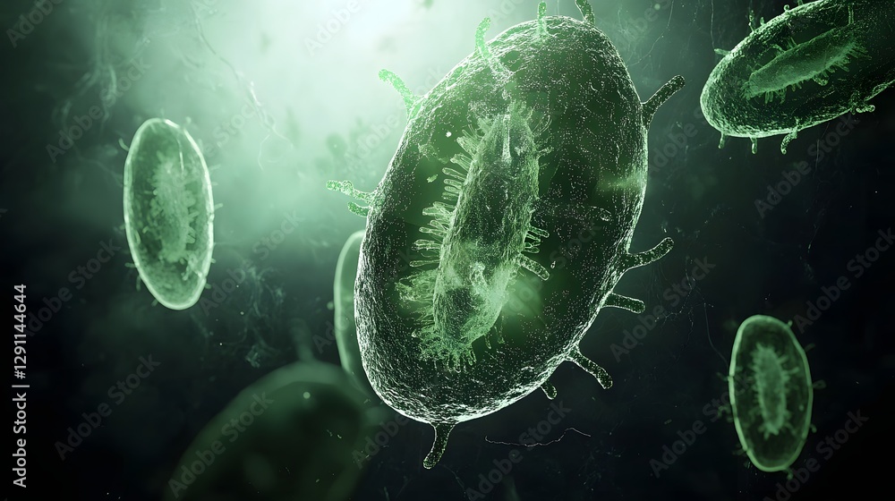 Conceptual medical depicting cocci bacteria forming defensive protective biofilms illuminated by soft natural lighting in a refined educational style