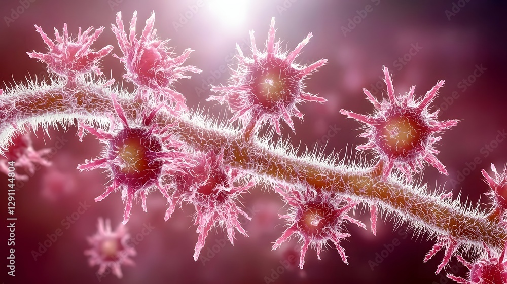 Conceptual futuristic visualization of glowing holographic bacilli bacteria thriving within a human digestive system This immersive medium shot image showcases the refined abstract