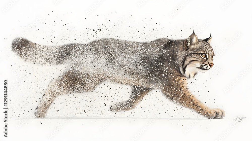 Crouching lynx depicted in a highly detailed pen and ink drawing meticulously rendered with intricate fur patterns as it stalks its prey in a snowy winter landscape
