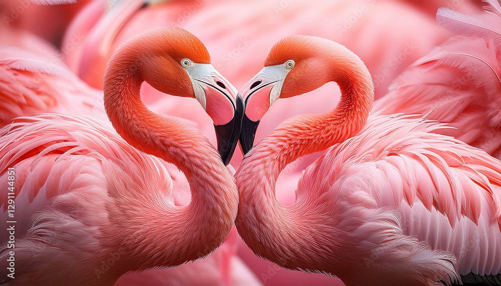 Naklejka premium Beautiful flamingo couple in love forming a heart with their heads surrounded by a wonderland of pink fantasy feather background