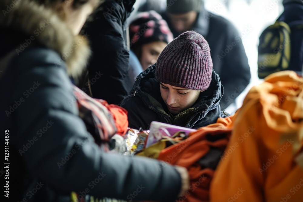 A child in a warm hat uses a device while surrounded by adults and other children in a crowded shelter during cold winter weather. Generative AI A child in a warm hat uses a device while surrounded by adults and other children in a crowded shelter during cold winter weather. Generative AI