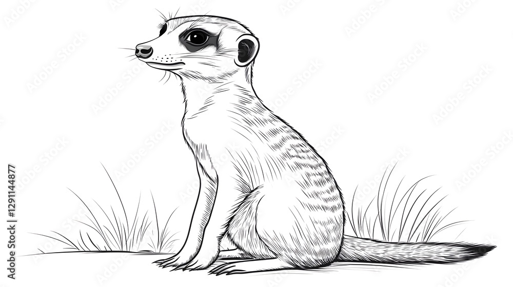 Curious Meerkat Standing Upright on Hind Legs in a Playful Highly Detailed Fine Line Sketch Drawing Whimsical Wildlife of a Small Desert Dwelling Mammal
