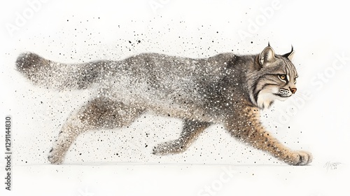 Obraz na płótnie Crouching lynx depicted in a highly detailed pen and ink drawing meticulously rendered with intricate fur patterns as it stalks its prey in a snowy winter landscape w salonie