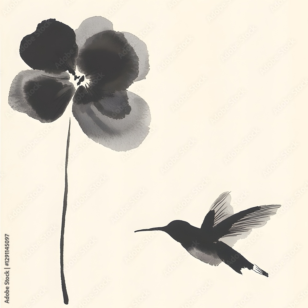 Delicate ink washed capturing the swift graceful motion of a tiny hummingbird hovering near a serene ethereal flower This composition evokes a sense of natural beauty and tranquility