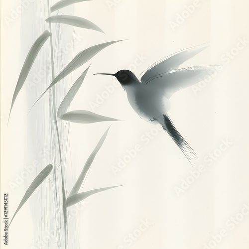 Obraz na płótnie Delicate hummingbird hovering near a flower its swift motion captured in a beautiful ink wash that exudes a sense of tranquility and elegance This minimalist w salonie