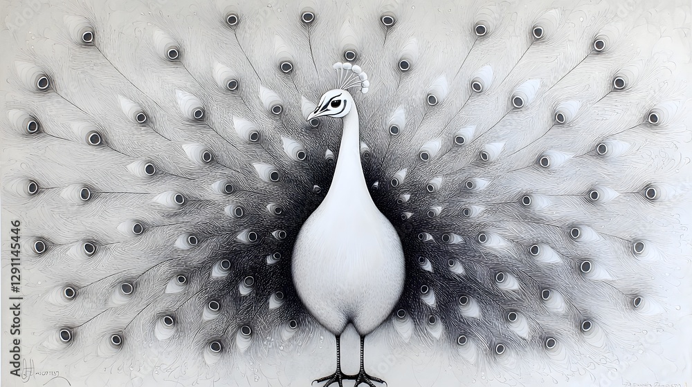 Detailed Engraved of a Majestic Peacock with Its Vibrant Feathers Fanned Out in a Captivating and Ornate Line Art Style