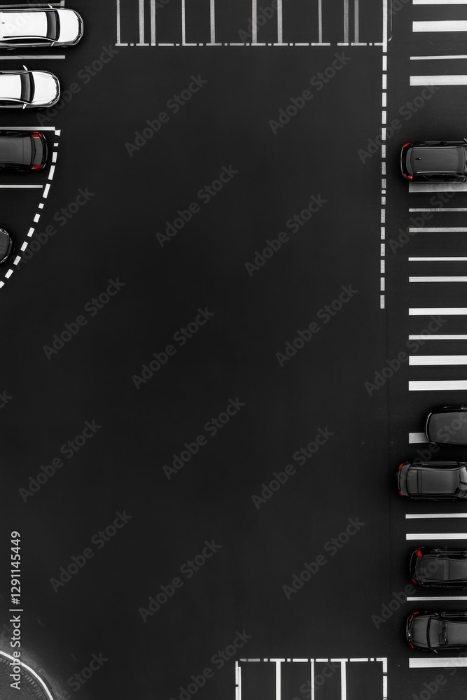 Obraz premium Overhead view of a mostly empty parking lot with several cars parked.
