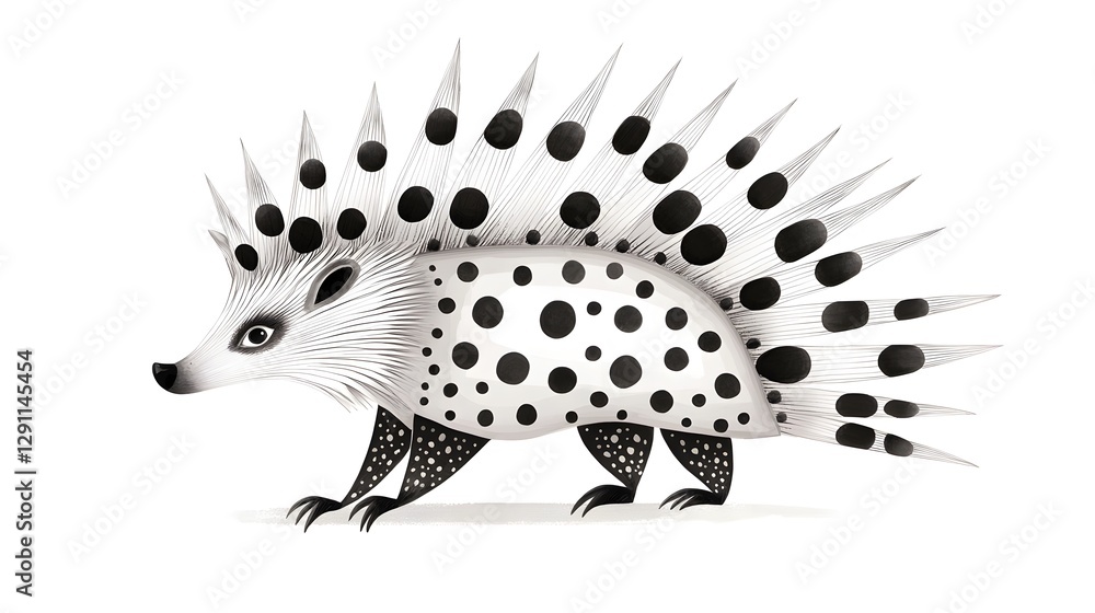 Detailed engraved of a porcupine with its quills raised depicting the animal in a bold high contrast monochrome style reminiscent of classic woodcuts or etchings
