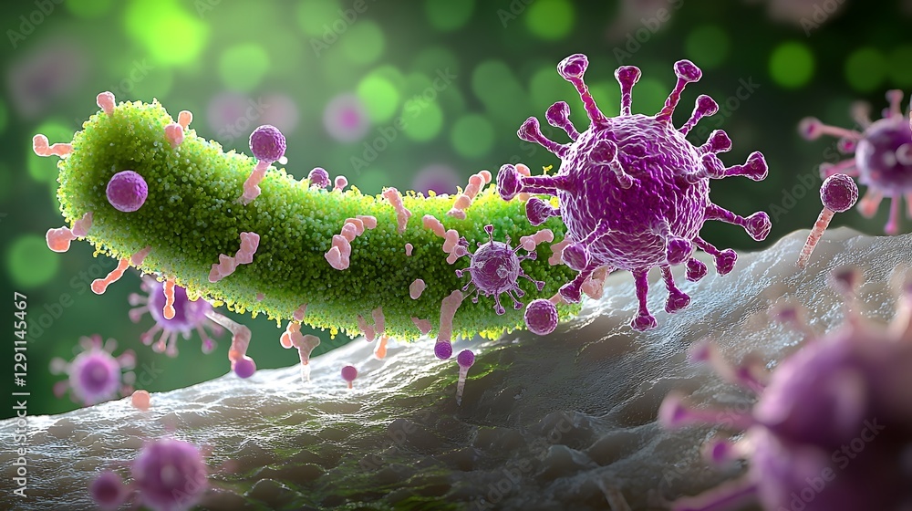 Detailed 3D model of gram positive bacteria interacting with human cells softly illuminated by natural light in a medium shot presenting a refined and medical themed visualization for research