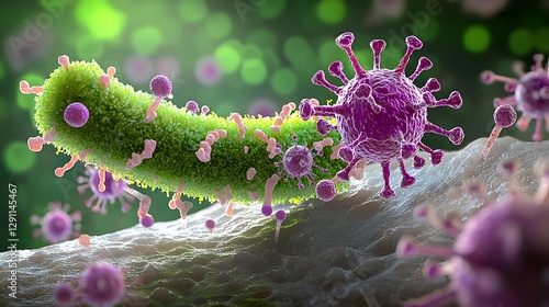 Detailed 3D model of gram positive bacteria interacting with human cells softly illuminated by natural light in a medium shot presenting a refined and medical themed visualization for research