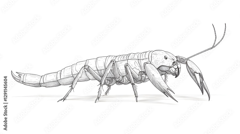 Detailed engraved style of a scorpion showcasing the intricate texture and structure of its exoskeleton This minimalist black and white graphic depicts the predatory arthropod in a scientific