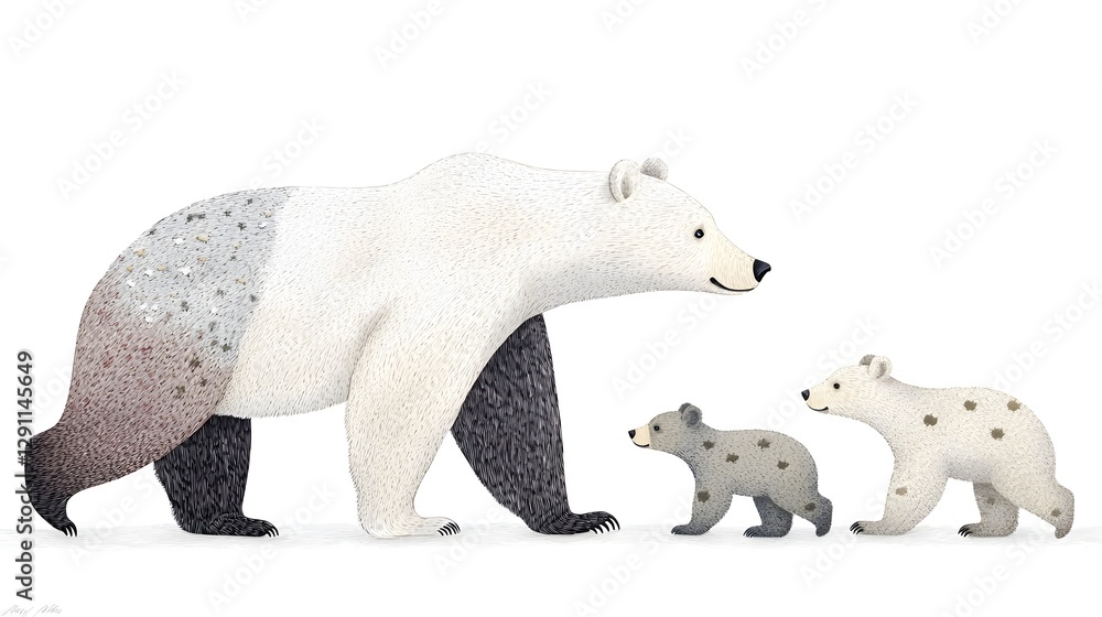 Detailed fine line engraved depicting a mother polar bear with her two cubs in a natural arctic landscape setting