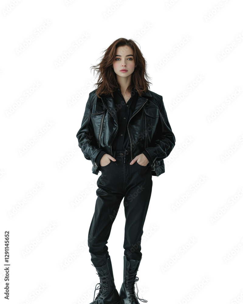 Stylish woman in a black leather jacket and pants posing confidently against a white background for fashion photography Stylish woman in a black leather jacket and pants posing confidently against a white background for fashion photography