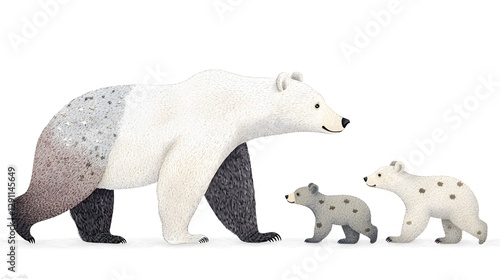 Obraz na płótnie Detailed fine line engraved depicting a mother polar bear with her two cubs in a natural arctic landscape setting w salonie