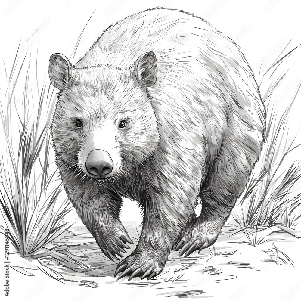 Detailed graphite pencil sketch depicting a wombat waddling across the ground in a natural outdoor setting