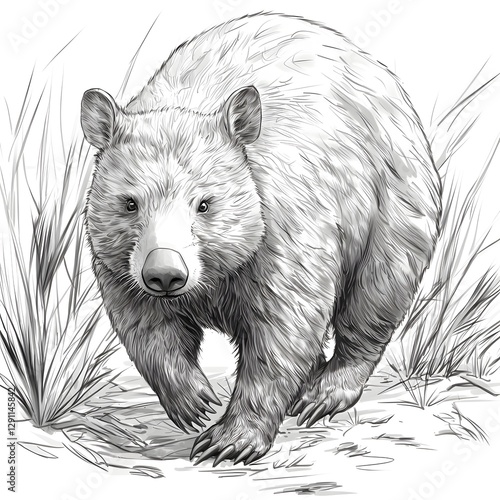 Obraz na płótnie Detailed graphite pencil sketch depicting a wombat waddling across the ground in a natural outdoor setting w salonie