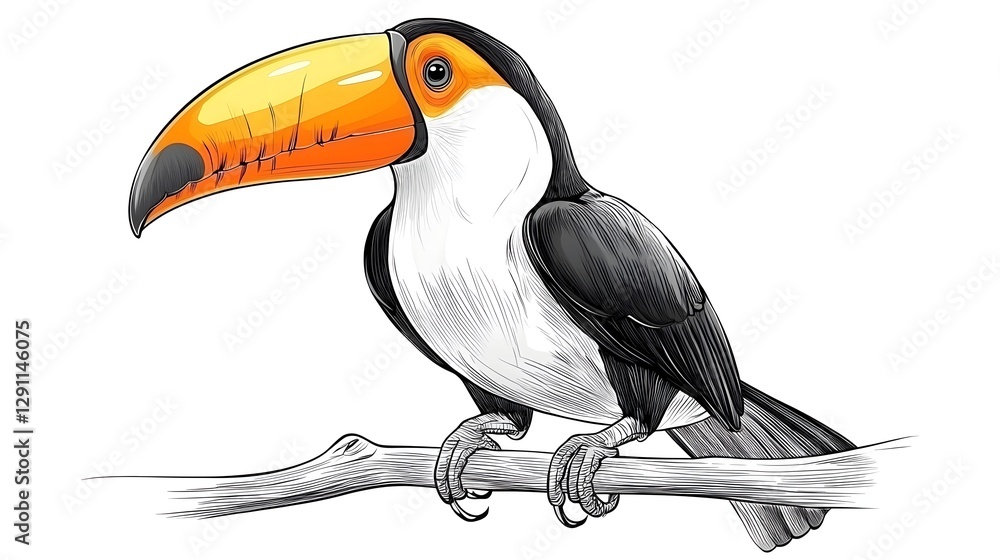 Detailed Ink Engraving of a Toucan Bird Perching on a Branch in a Lush Tropical Setting