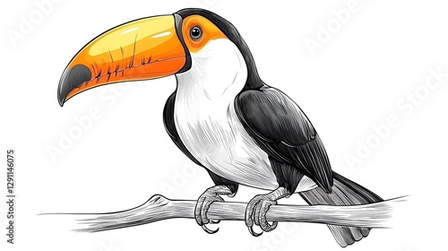 Detailed Ink Engraving of a Toucan Bird Perching on a Branch in a Lush Tropical Setting