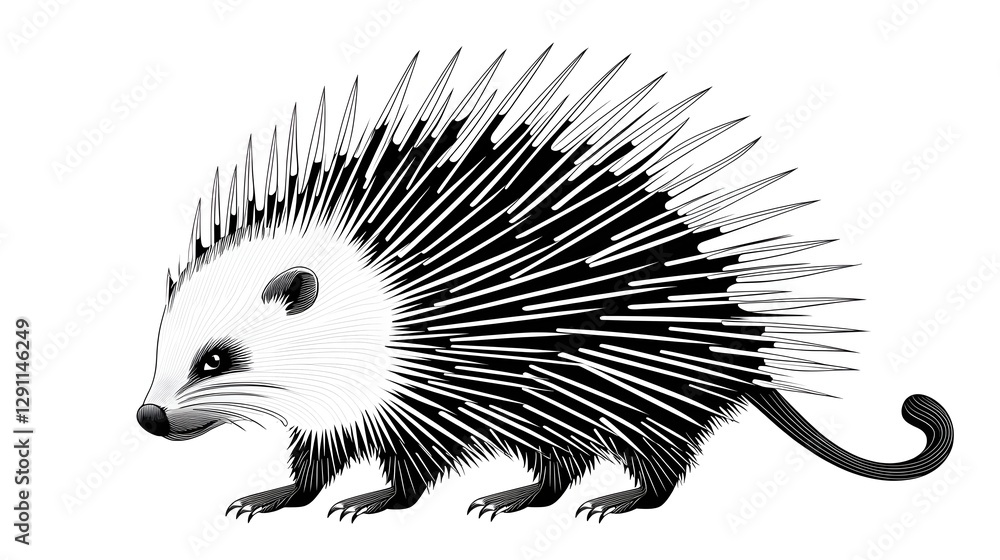 Detailed line engraved depicting a porcupine with its sharp quills raised in a bold high contrast monochrome style