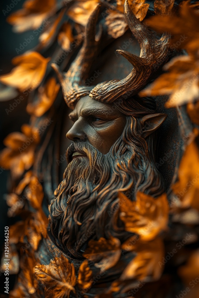 Intricate bronze sculpture of a male figure with antlers, surrounded by autumn leaves. Intricate bronze sculpture of a male figure with antlers, surrounded by autumn leaves.