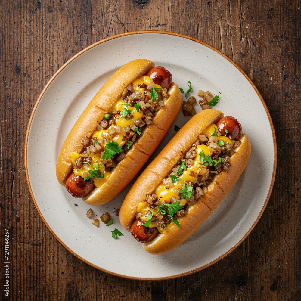 Double the Delicious: A top-view shot of two hot dogs served on a plate, garnished with cheese, onions, and parsley.
Double the Delicious: A top-view shot of two hot dogs served on a plate, garnished with cheese, onions, and parsley.