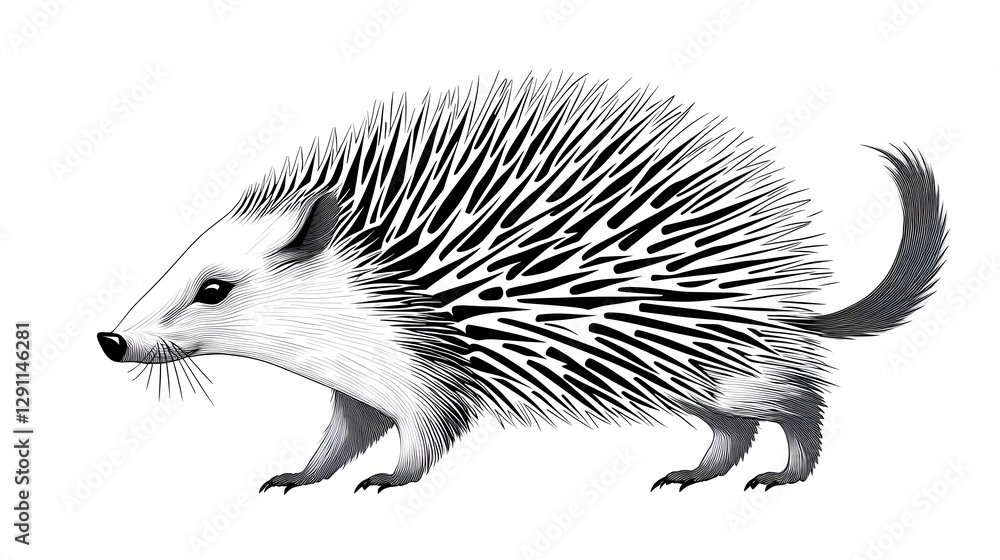 Detailed line engraving of a porcupine with its quills raised depicted in a bold high contrast black and white style against a plain white background The showcases the animal s spiny